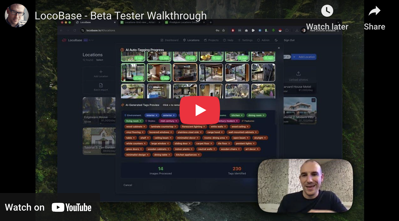 Screenshot from the LocoBase Beta Tester Walkthrough video showing the locations interface with AI auto-tagging in progress, multiple location thumbnails, and tag categorization preview demonstrating key platform features