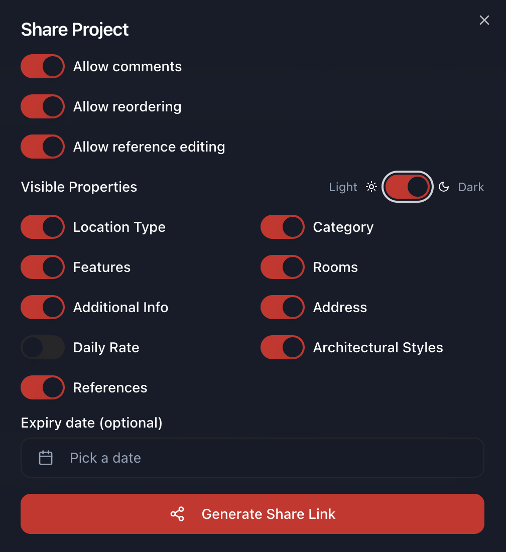 Project sharing dialog showing permission toggles for comments, reordering, and reference editing, plus visible properties settings and theme selection between light and dark modes