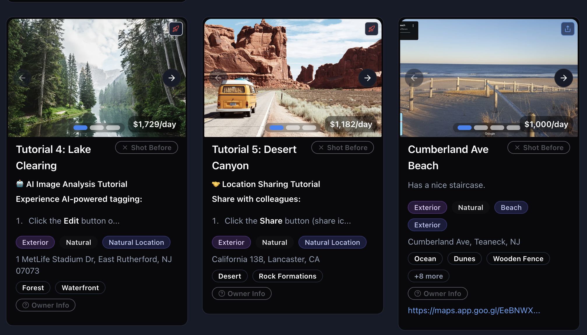 Location management interface showing three tutorial location cards with detailed information including pricing, tutorial instructions, location tags, addresses, and special features like AI Image Analysis and Location Sharing tutorials