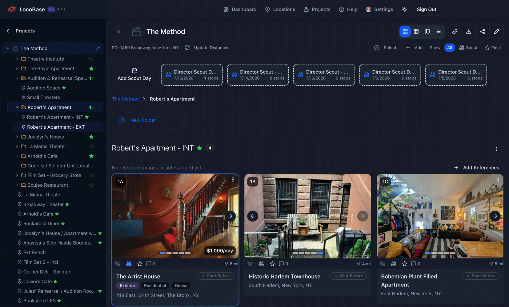 LocoBase on the desktop: a project with its script locations and option cards