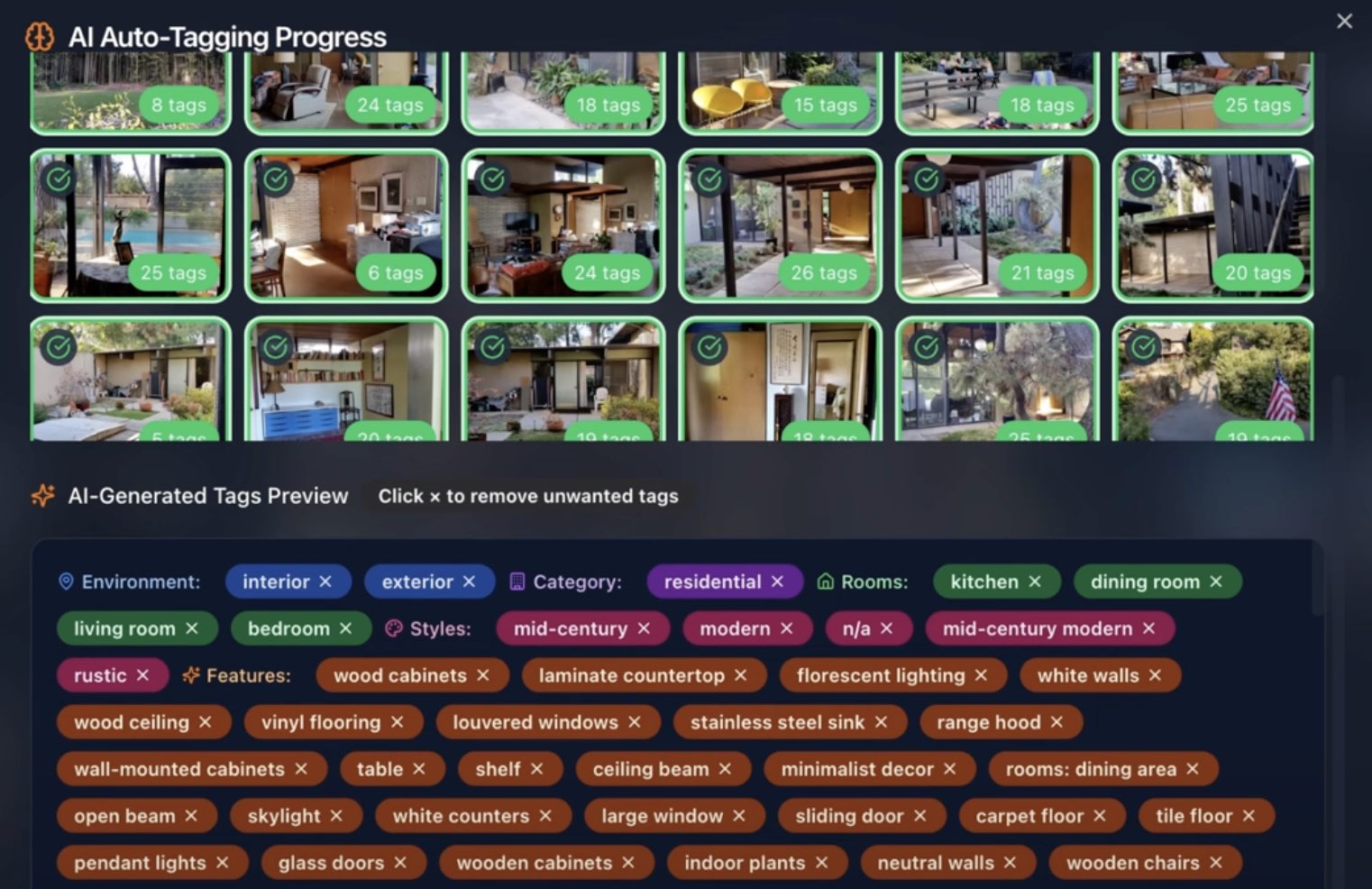 AI Auto-Tagging Progress showing multiple location images being analyzed with green progress indicators and confidence scores, plus a preview of AI-generated tags organized by category like Environment, Category, Rooms, Styles, and Features