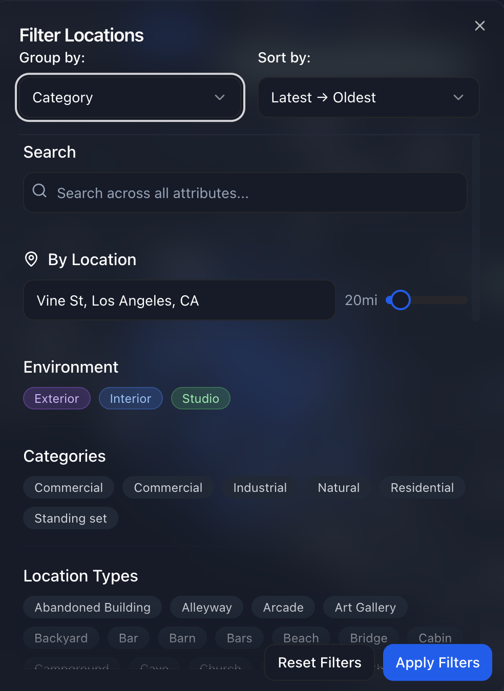 Advanced filtering interface showing search options including category grouping, sorting controls, location-based distance filtering, environment toggles for Interior/Exterior/Studio, category filters for Commercial/Industrial/Natural/Residential, and detailed location type filters